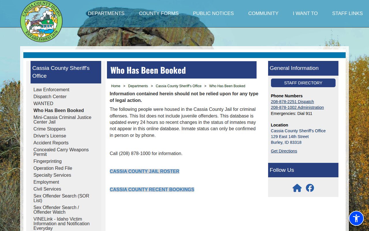 Cassia County Who Has Been Booked notice about daily updates and status confirmation