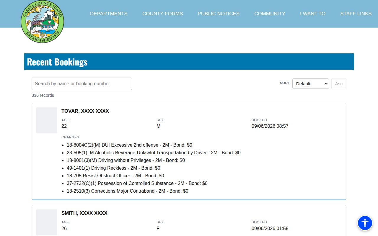 Cassia County recent arrests booking feed interface